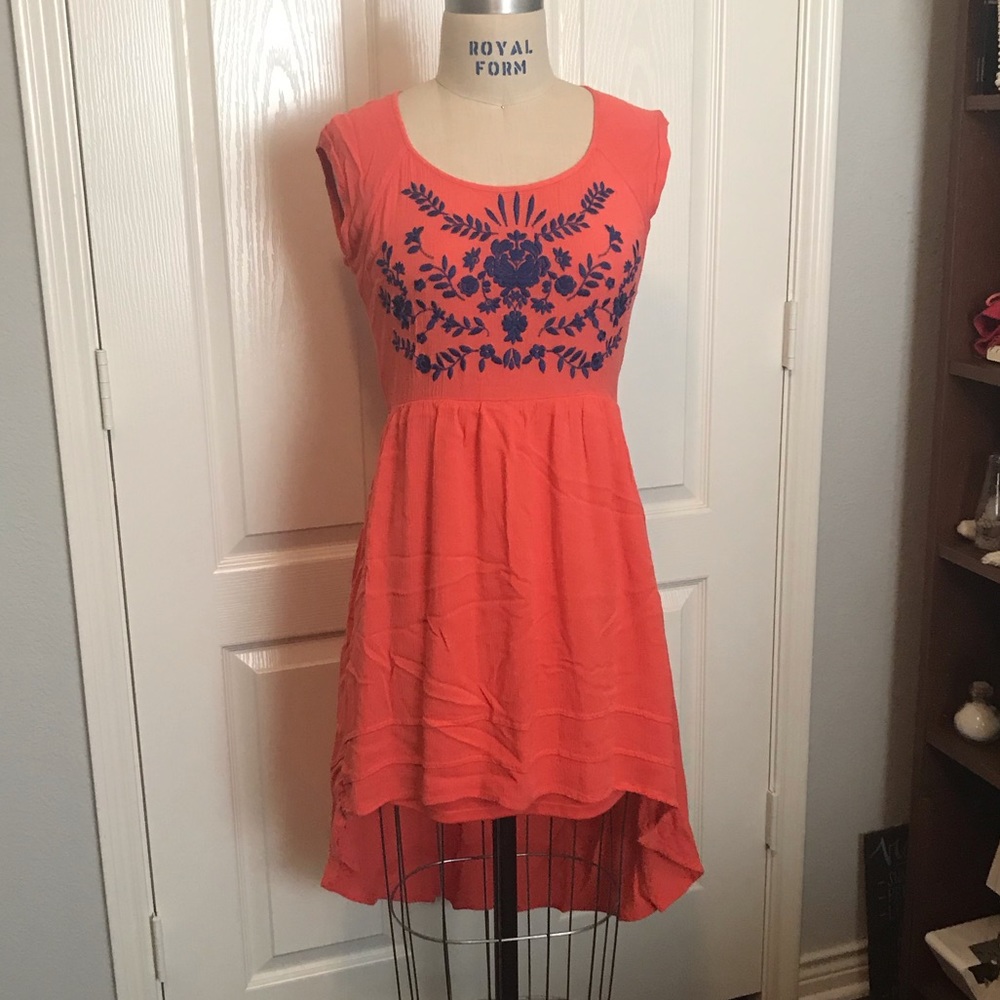 Bohemian coral dress w blue floral embroidery boho